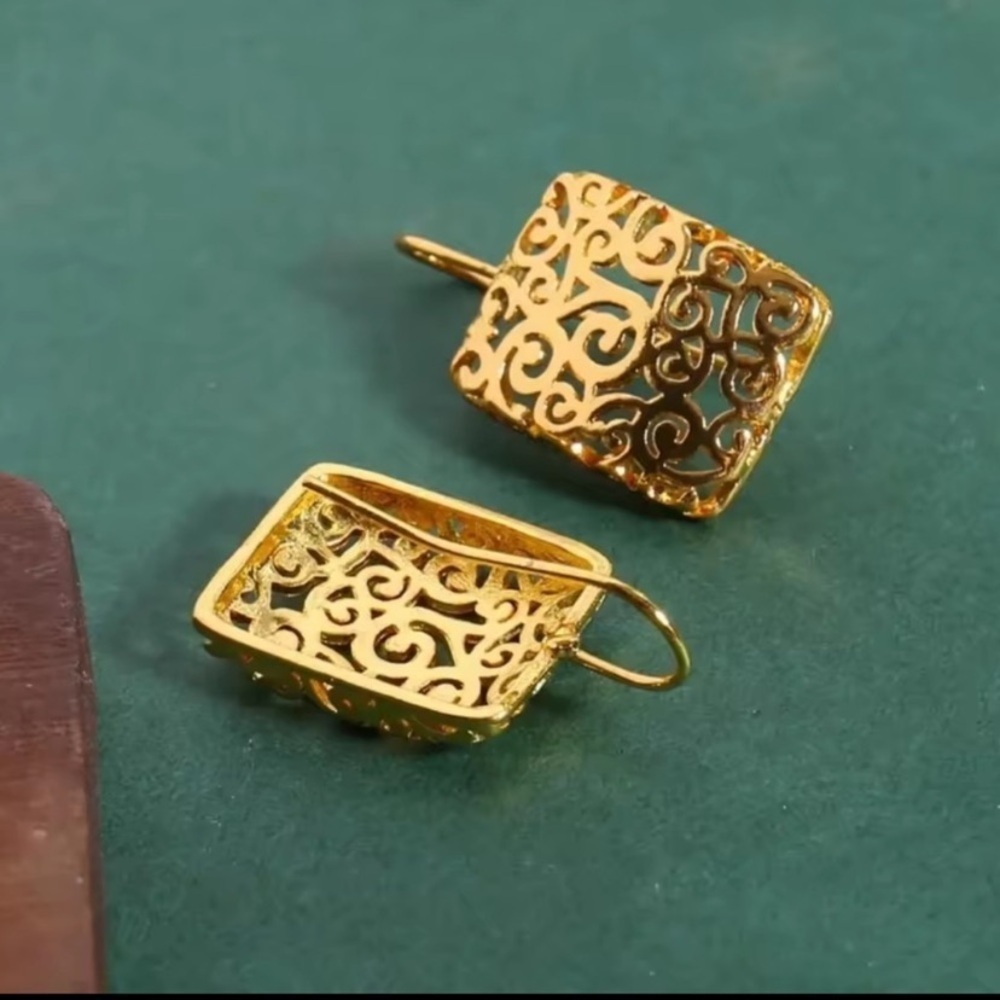 Gold Filigree Rectangle Earrings Lightweight Openwork Dangles Minimalist Jewelry - Picture 2 of 7
